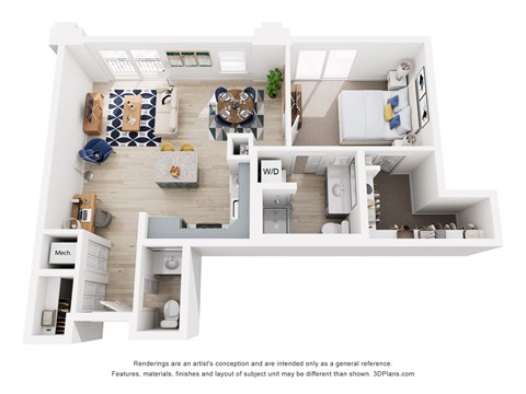 A 3D floor plan of a one bedroom apartment with a kitchen, living room, dining room, and one and one half bathrooms